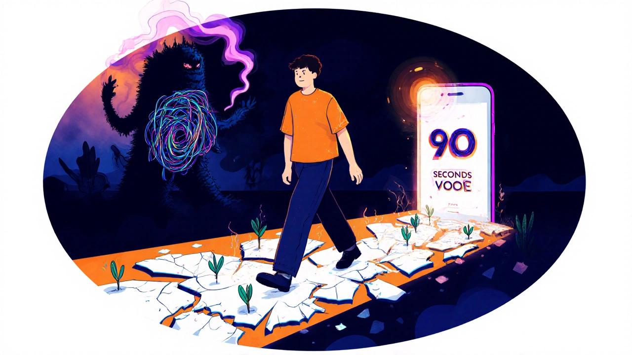 A person stepping forward on a path where pain scales become plants, with a fading monster of negative thoughts behind them.