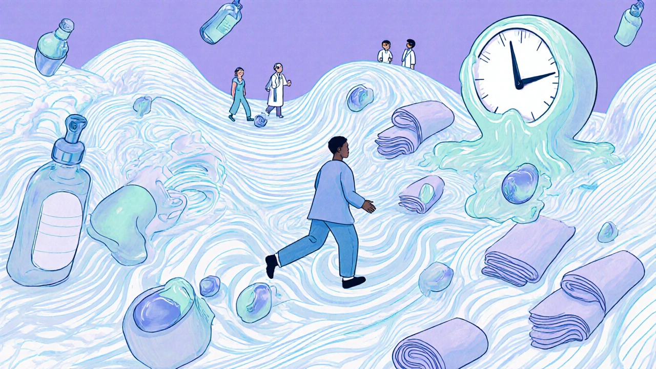 A person walking through a dreamlike landscape of floating skincare products and melting time, symbolizing fatigue.