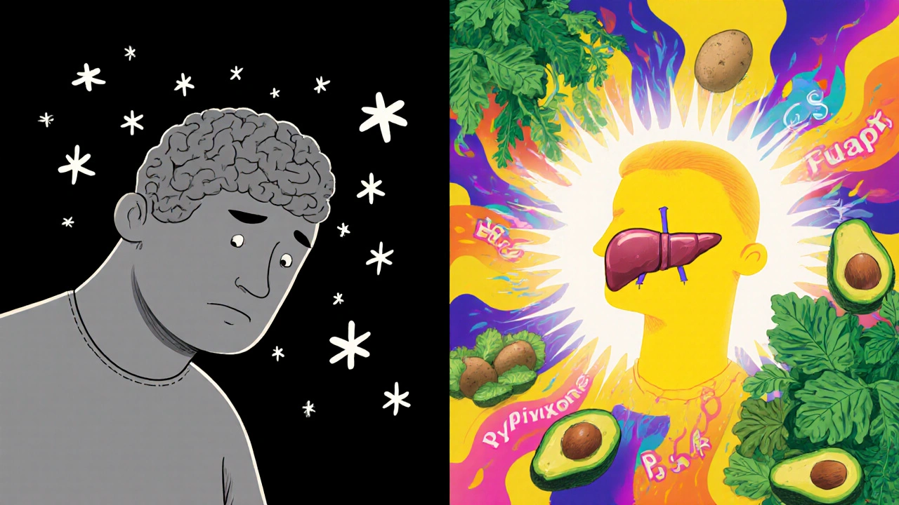 A split image showing low B6 on one side and restored energy on the other, with food and biochemical symbols in swirling art style.