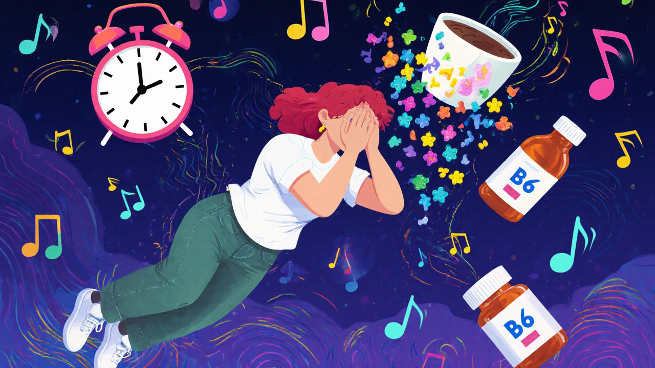 A tired woman energized by vitamin B6 molecules raining down, surrounded by abstract symbols of sleep and time.