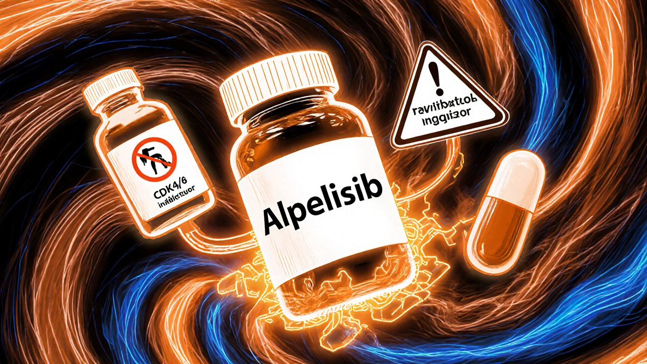 Alpelisib pill connected to other cancer drugs in a vibrant vortex with floating side effect symbols in psychedelic colors.