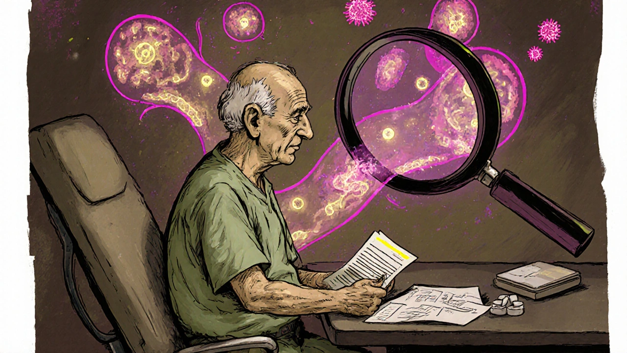 An elderly patient with ghostly swollen kidney tubules rising from their back, surrounded by medical symbols.