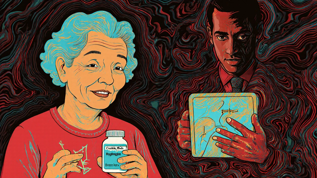 An elderly woman with swirling heart arrhythmias, pharmacist checking a database in psychedelic art style.