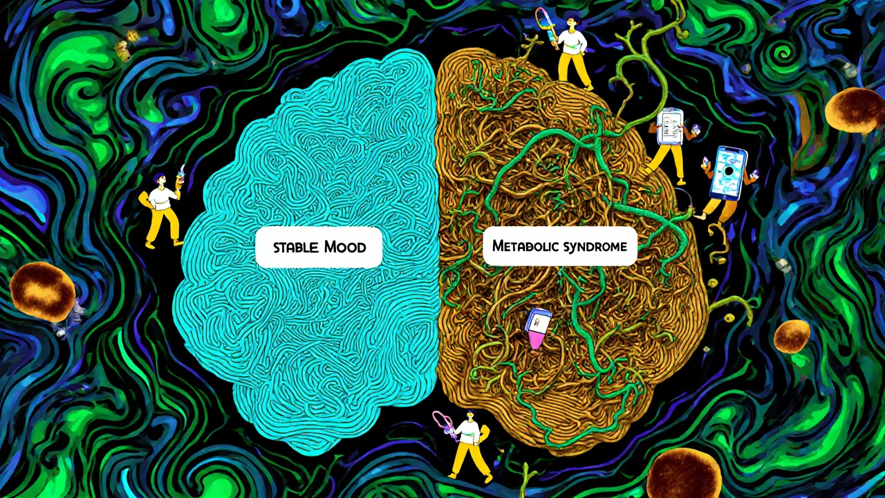 Brain split between stable neural pathways and toxic metabolic vines, with treatment symbols in psychedelic style.