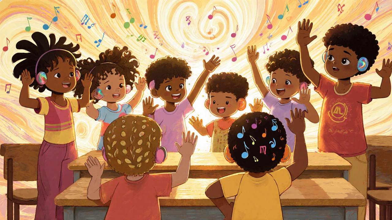 Children in classroom responding to sound waves, some wearing hearing aids and signing.