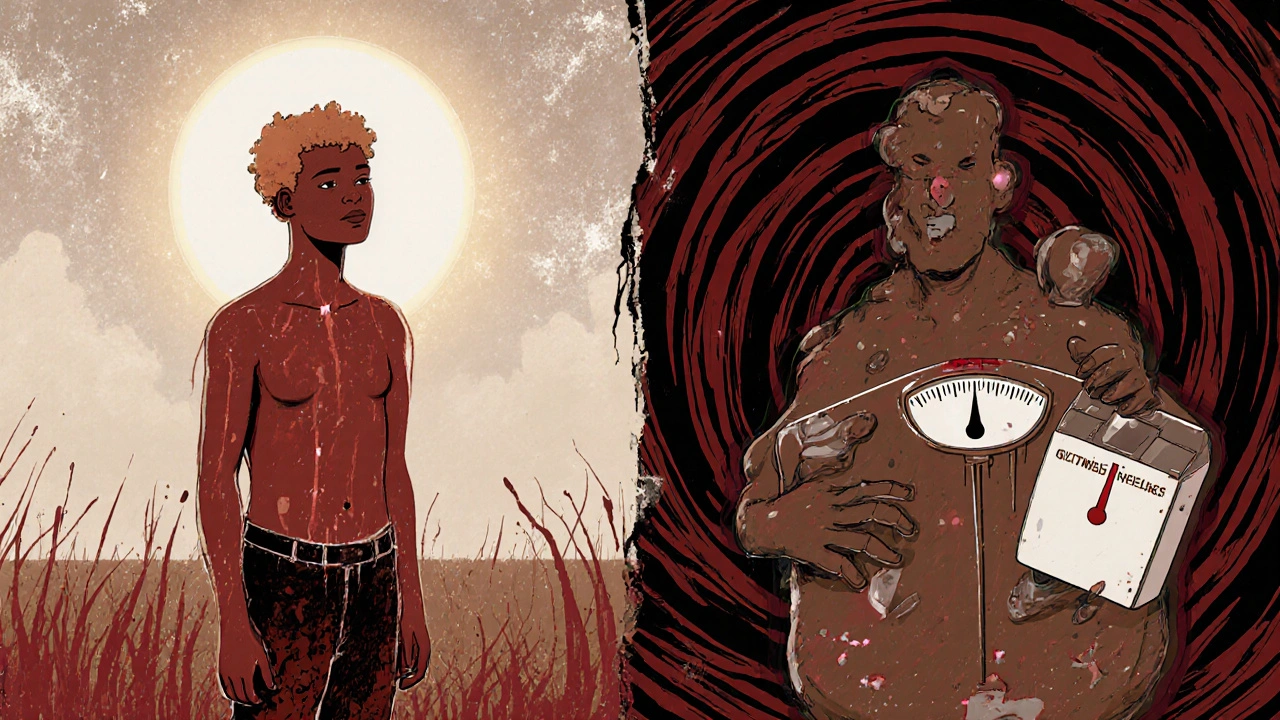 Contrasting figures: one serene with lamotrigine, another overwhelmed by quetiapine&#039;s weight and fatigue.