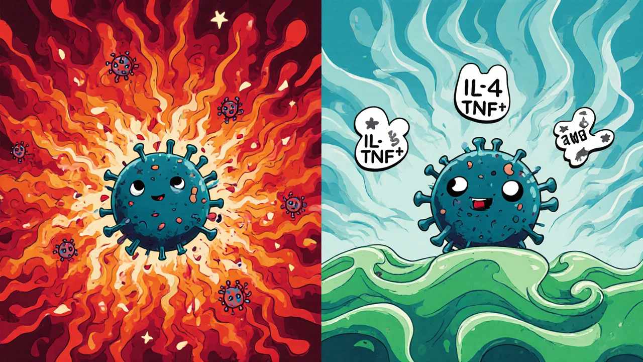 Contrasting immune cell reactions: chaotic histamine bursts vs. azelastine’s stabilizing green waves.