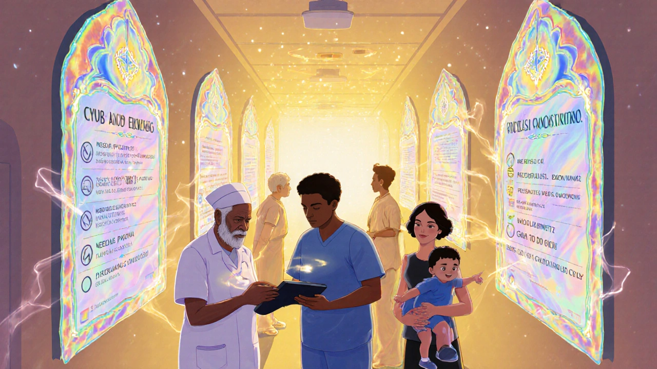 Diverse patients in a surreal hallway with glowing decision aids shaped like stained-glass windows.