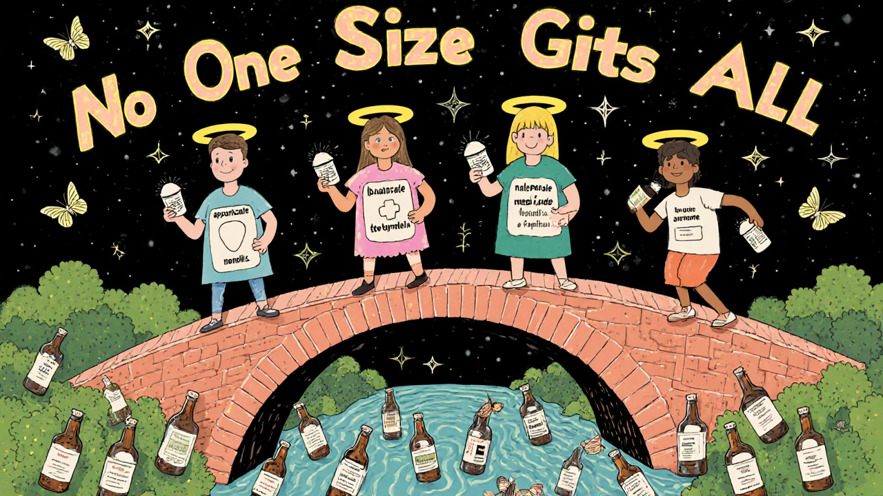 Diverse people on a pill bottle bridge, medications in hand, alcohol bottles turning to butterflies