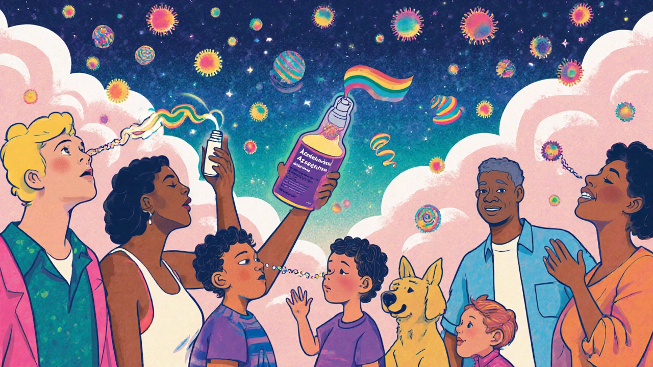 Diverse users receiving fast allergy relief as azelastine sprays dissolve pollen clouds with radiant light.