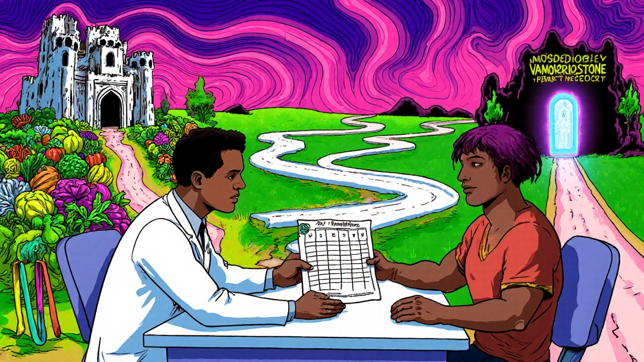 Doctor and patient discussing tapering plan, with surreal paths showing risks and future treatments in psychedelic style.