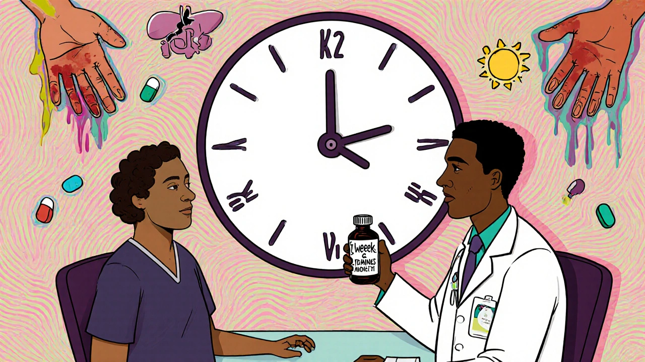 Doctor and patient in a hospital with a backward clock and melting pills, symbolizing dangerous interactions