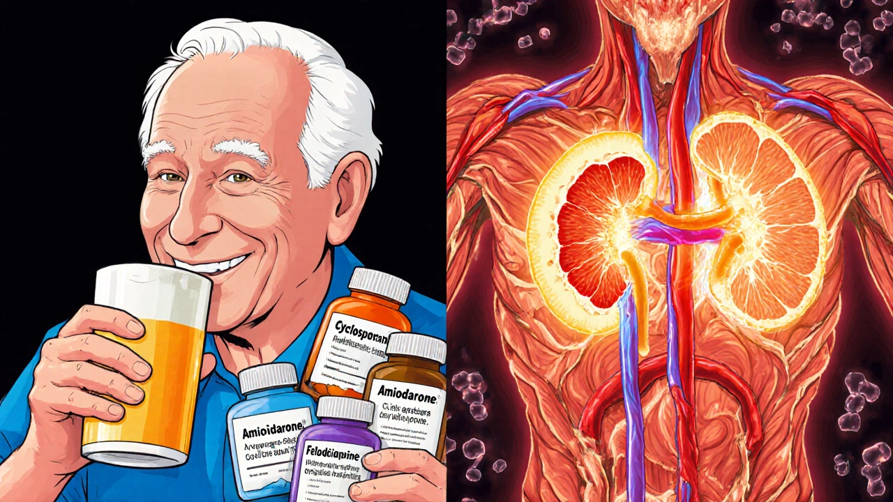 Elderly man drinking grapefruit juice while his body shows signs of organ damage from drug interaction