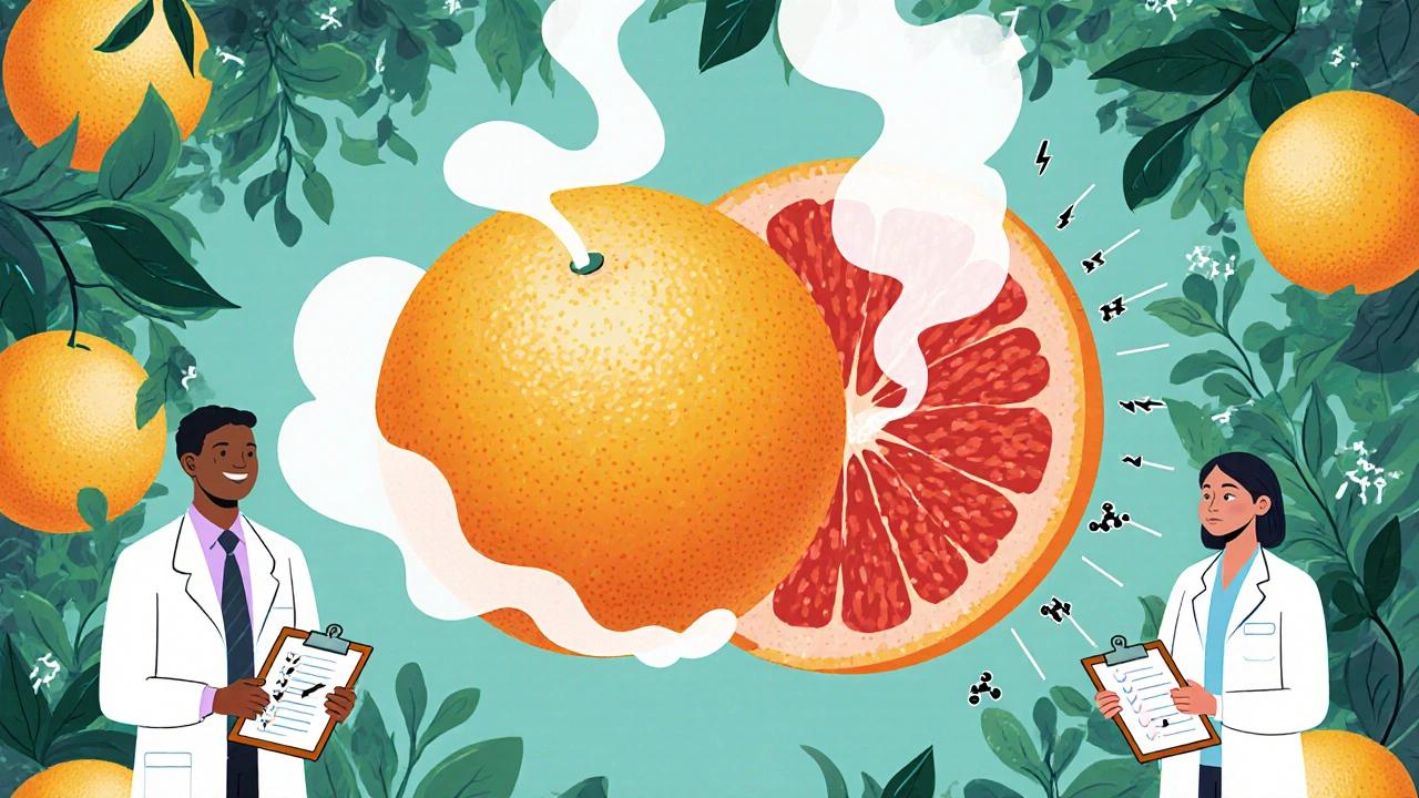 Futuristic safe grapefruit beside a dangerous one, surrounded by medical professionals