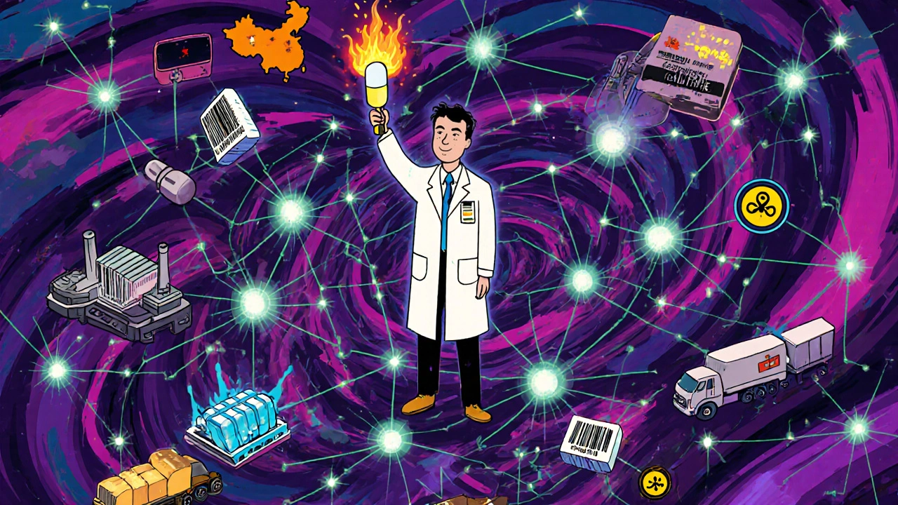 Global web of pills with verified and counterfeit nodes, pharmacist holding real pill like a torch