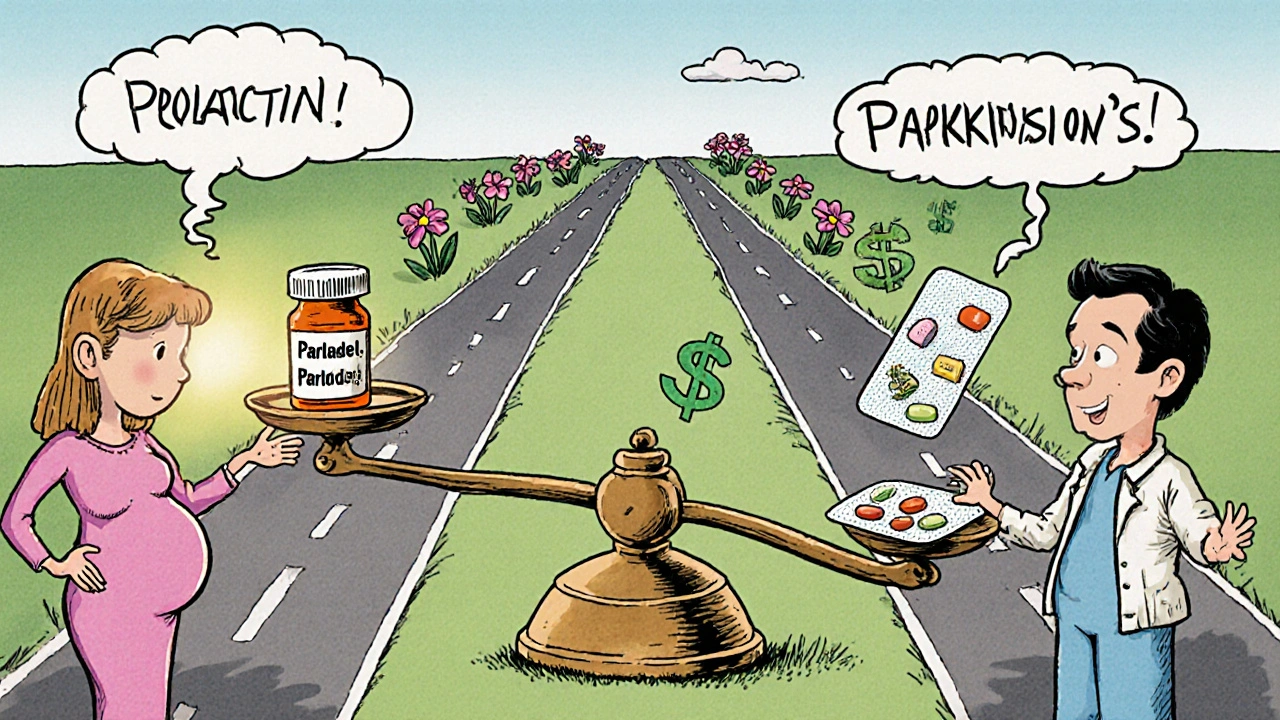 Medical scale balancing old Parlodel bottle with modern alternatives, surrounded by pregnancy and cost symbols in Wes Wilson style.