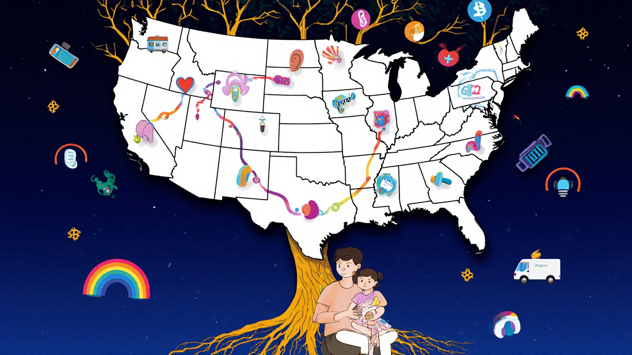 Parent and child under a tree with hearing devices as leaves, symbolizing early intervention.