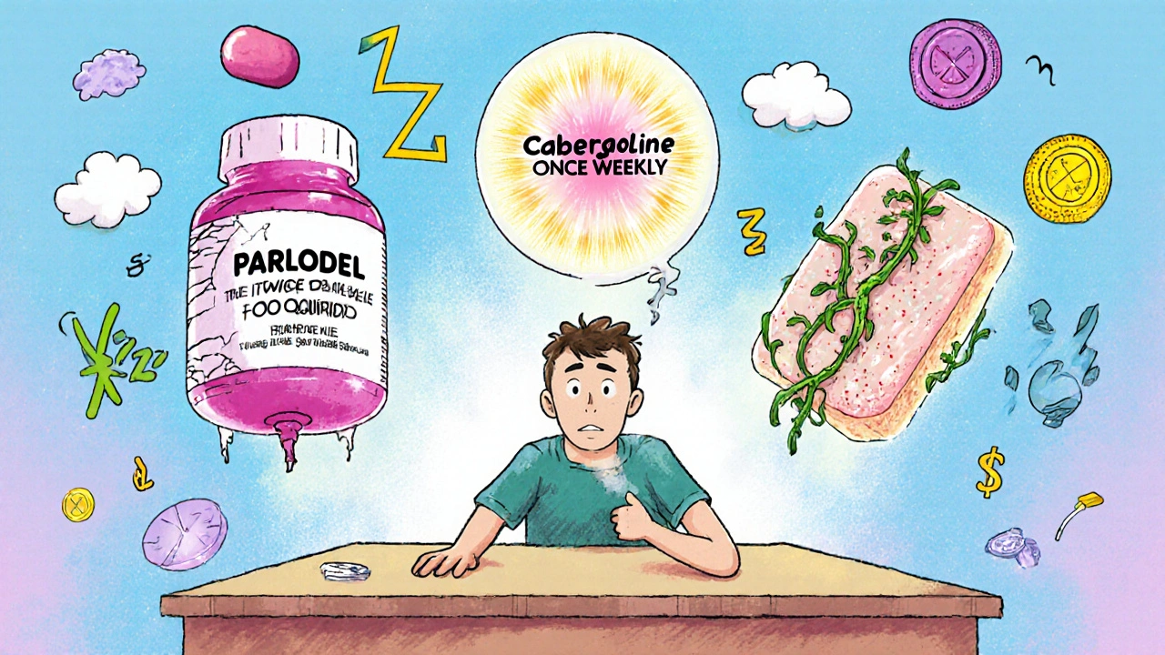 Patient at table with floating pill bottles and symbols of side effects vs. convenience in vibrant psychedelic illustration.
