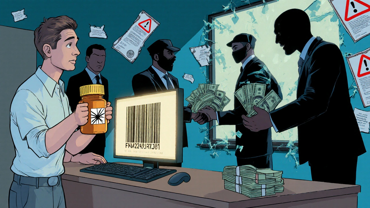 Patient holds fake pill bottle as shadowy figures trade drugs through a broken window