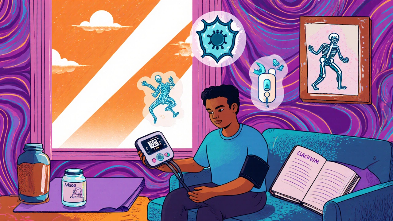 Patient monitoring blood pressure at home with supplements, journal, and yoga mat nearby, surrounded by health icons.