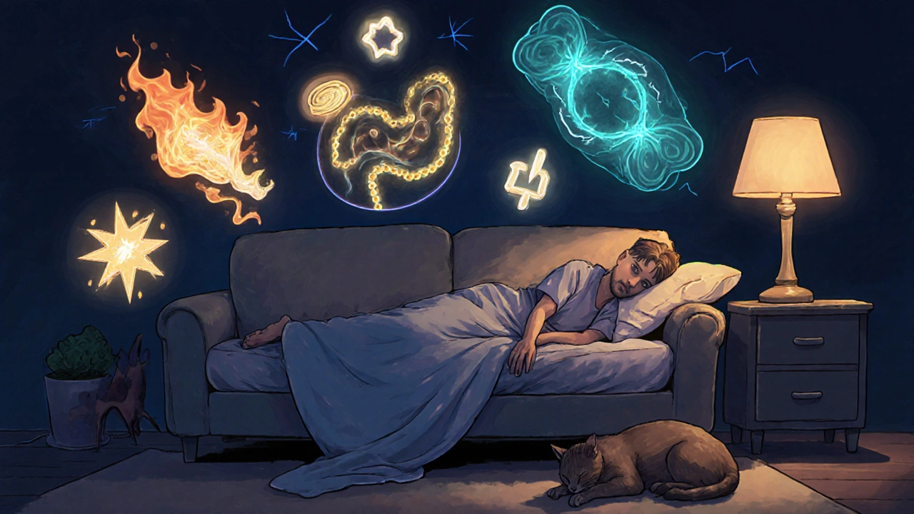 Patient surrounded by abstract symbols of PSC symptoms with a glowing MRCP scan above