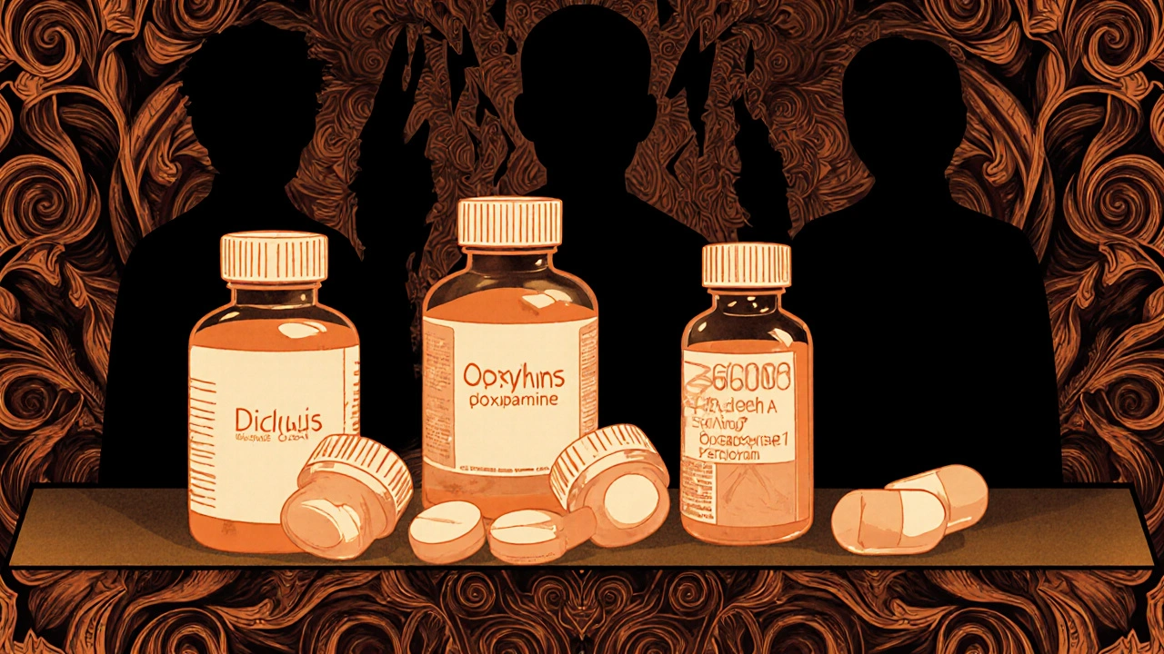 Pharmacy shelf with safe pregnancy nausea meds glowing, risky drugs fading into dark patterns.