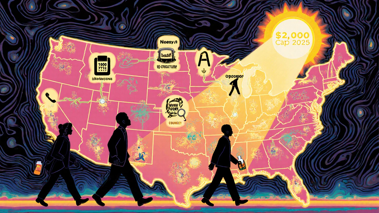 Psychedelic map showing pathways to Medicare help, NeedyMeds, SHIP counselor, and the ,000 out-of-pocket cap in 2025.