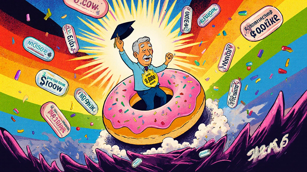 Senior stepping out of a rainbow donut hole into sunlight with ,000 cap badge