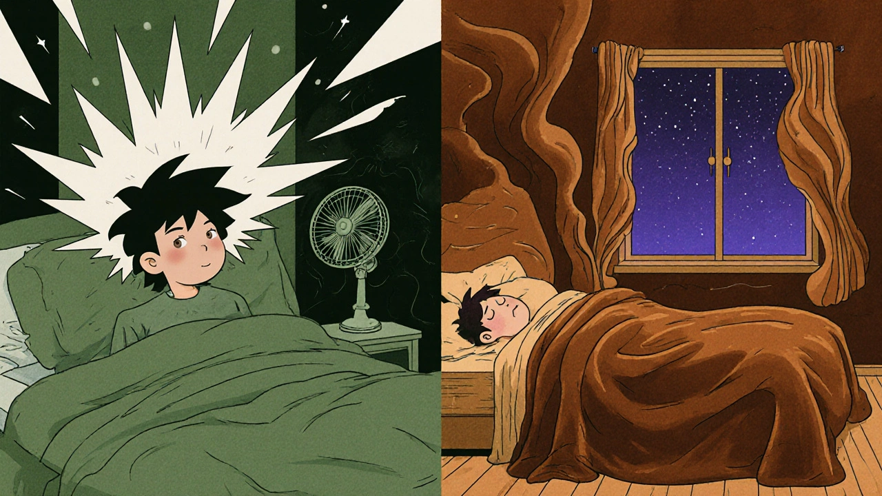 Split bedroom scene: chaotic silence on one side, calming sound waves on the other, in psychedelic style.