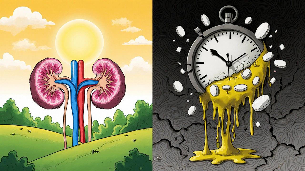 Split image: healthy kidney vs. damaged kidney overtaken by immune cells and pill fragments.