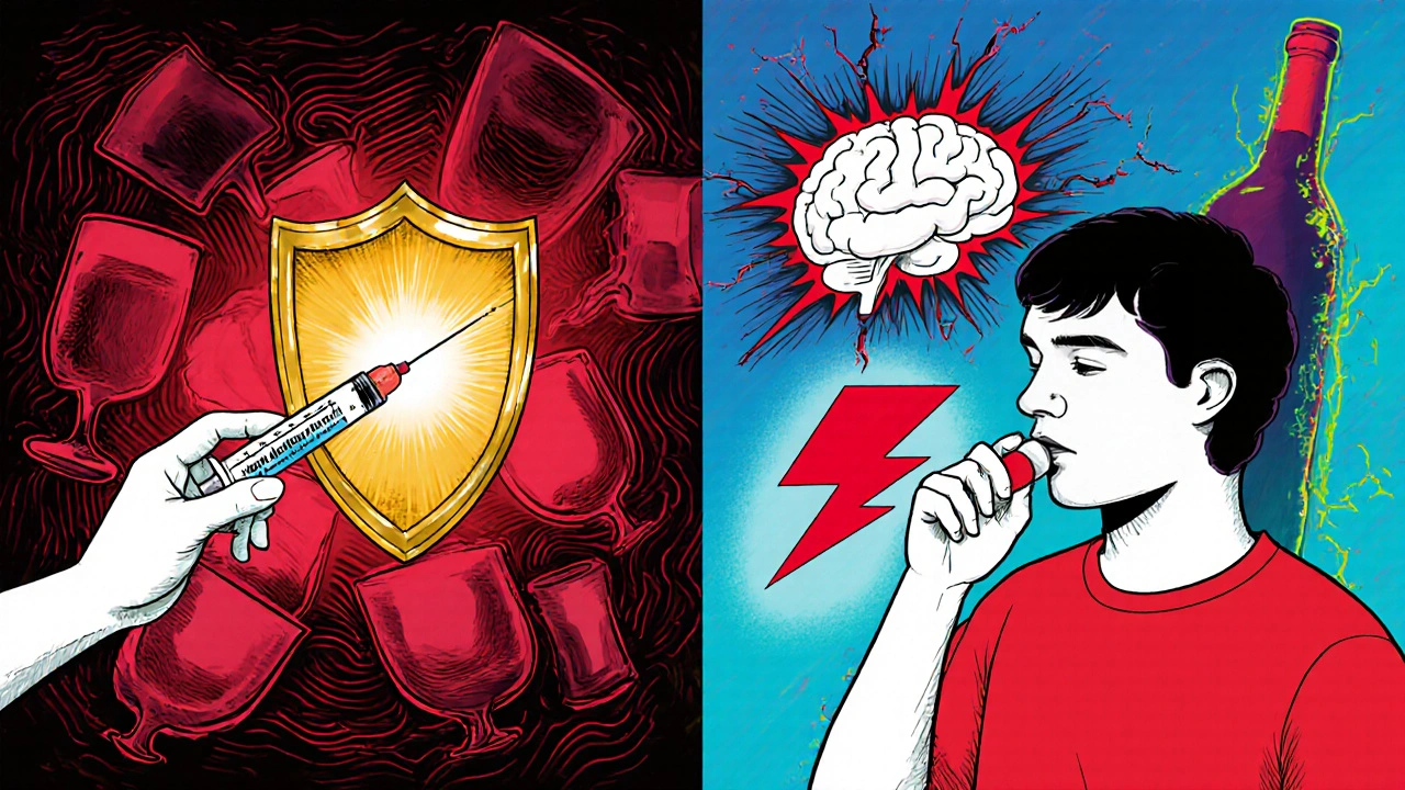 Split scene comparing naltrexone injection and acamprosate pills with disulfiram warning symbol