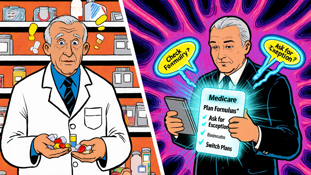 Split scene: confused pharmacist vs senior using Medicare Plan Finder tablet
