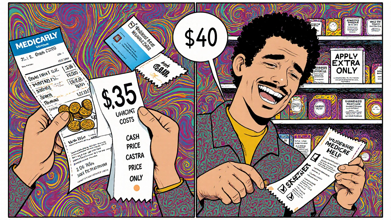 Split scene: person stressed over  drug costs vs. smiling with .90 receipt, surrounded by Medicare and pharmacy icons.