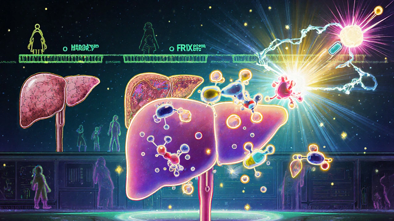 Three drug molecules interacting with liver receptors in a futuristic medical scene