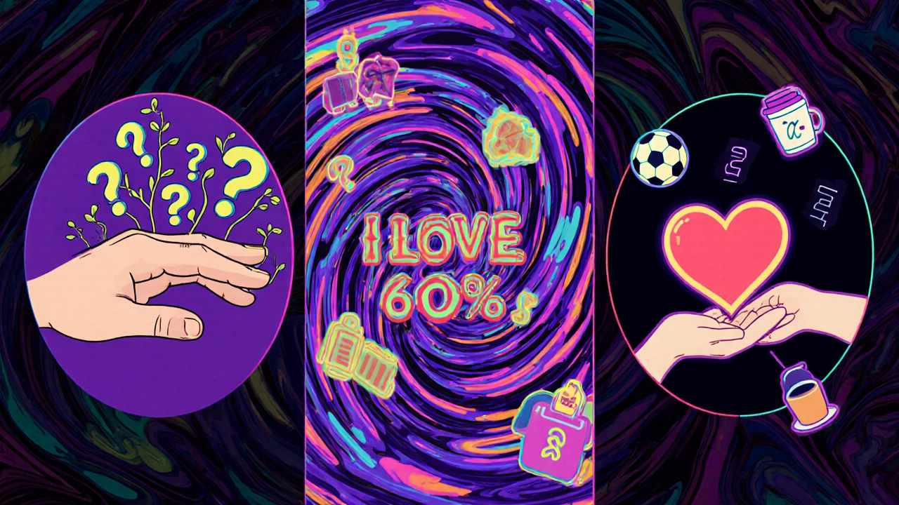 Three interconnected psychedelic circles illustrating team talk, option talk, and decision talk with symbolic icons.