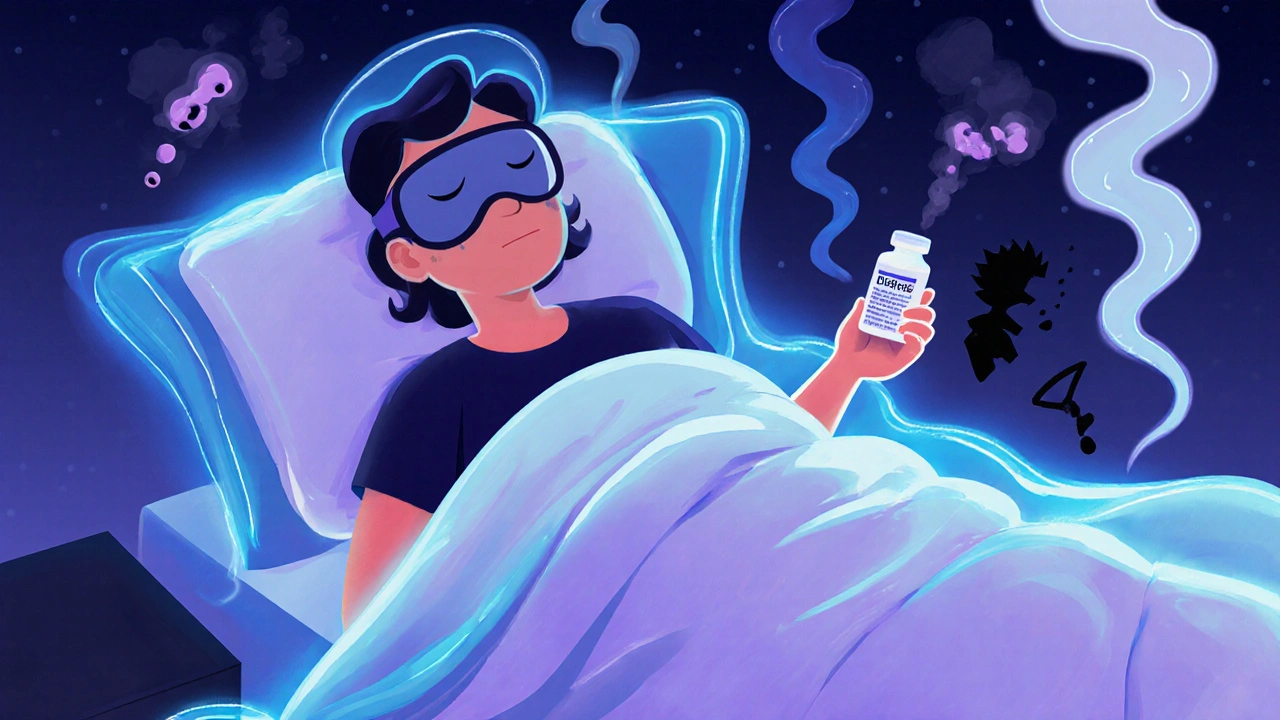 Woman at night with Diclegis pill, calming waves dispelling dark nausea symbols.