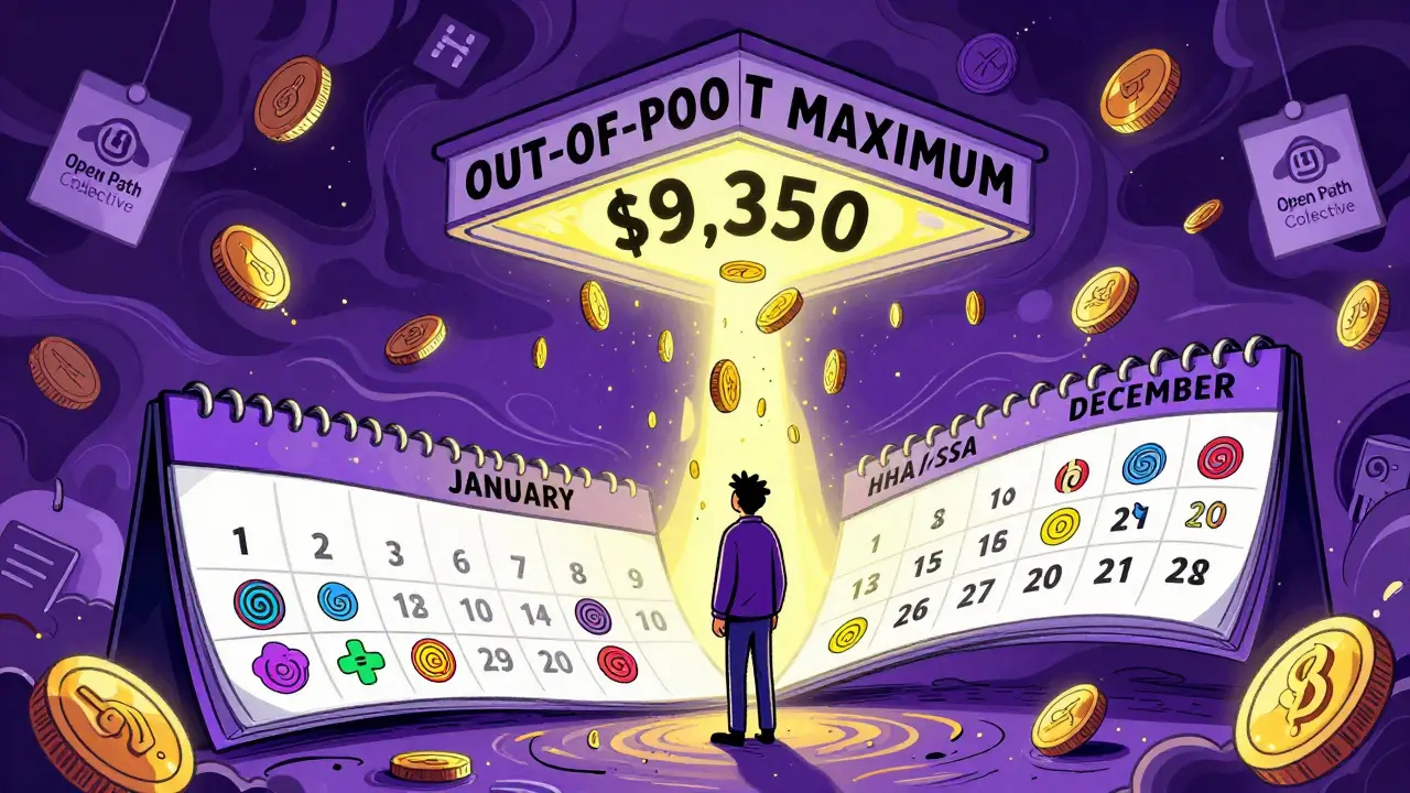 A calendar year with therapy sessions spiraling upward under a maximum cost ceiling, rain of coins turning to light.