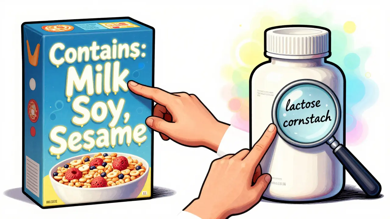 A cereal box with clear allergen labels next to a hidden allergen in a pill bottle, shown in psychedelic style.