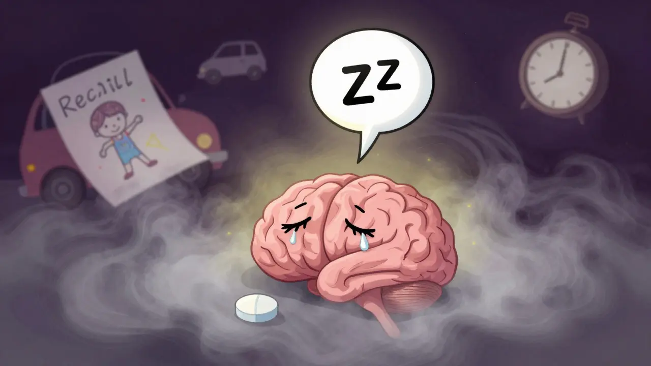 A ditan pill causing drowsiness with drooping figures and blurred distractions in hazy colors.