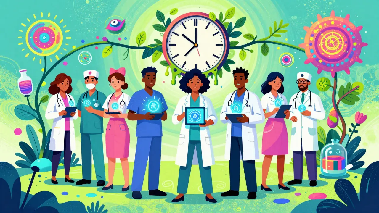 A diverse medical team in a circular huddle with glowing AI tools, representing redefined roles and collaborative care.