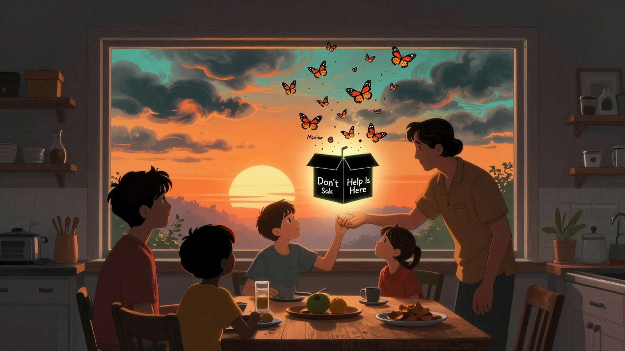 A family at breakfast as a black box warning turns into butterflies with supportive words, under a sunrise sky.