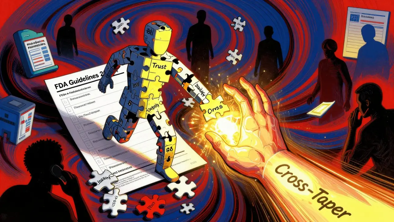 A fragmented human figure reaching for a glowing tapering path amid scattered trust pieces and shadowy systems.