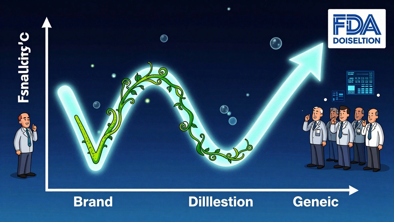 A glowing f2 curve comparing generic and brand drug dissolution with a psychedelic checkmark.
