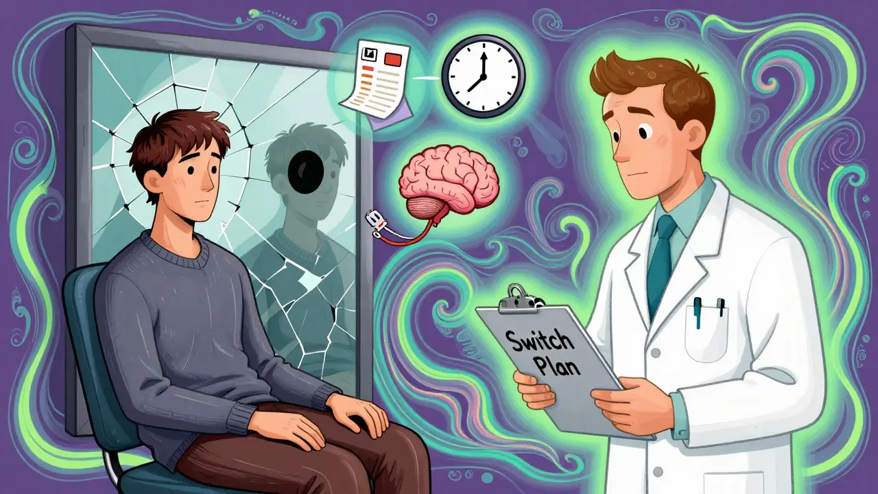 A patient's face split in a mirror showing two selves, surrounded by medical icons and flowing psychedelic lines.