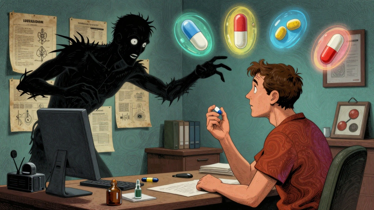 A patient holding an antidepressant pill while a manic shadow reaches from behind, with safer meds glowing as talismans.