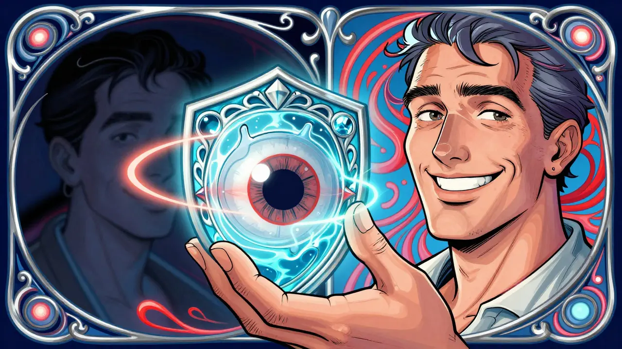 A patient holds a scleral lens like a shield, protecting a damaged cornea with glowing fluid, as clear and blurred worlds contrast behind them.