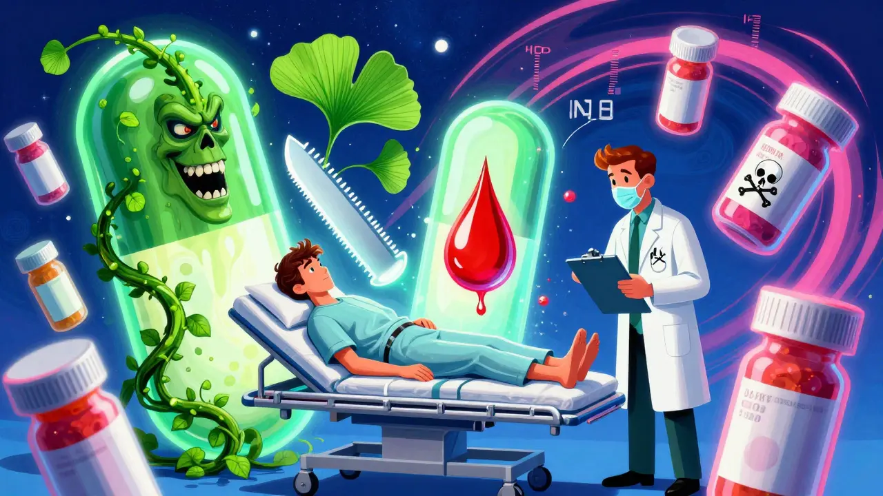 A patient in an ER with glowing dangerous supplements and a rising INR meter in vibrant psychedelic colors.