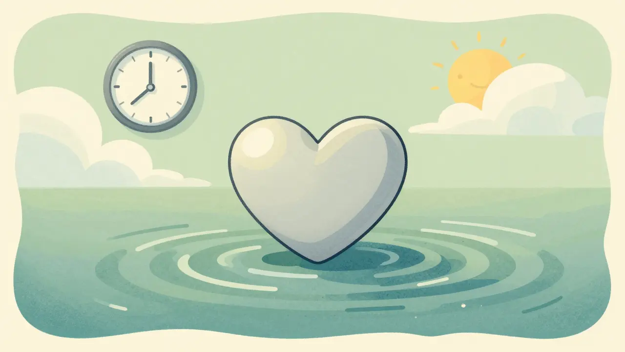 A peaceful gepant tablet floating above a heart with gentle ripples in soft pastel tones.