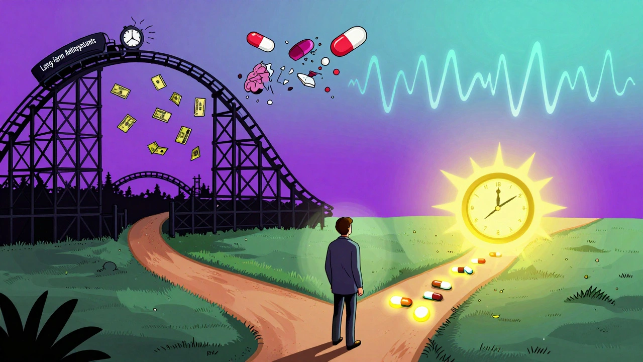 A person at a crossroads: one path leads to chaos from long-term antidepressants, the other to calm with approved treatments.