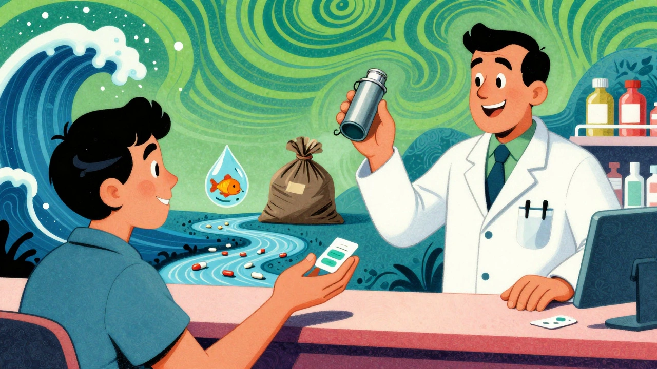 A pharmacist accepting an inhaler and patch, with floating environmental symbols and swirling colors.